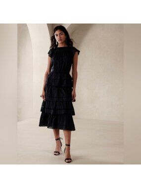 BANANA REPUBLIC Black Selene Embroidered Tiered Midi Dress M